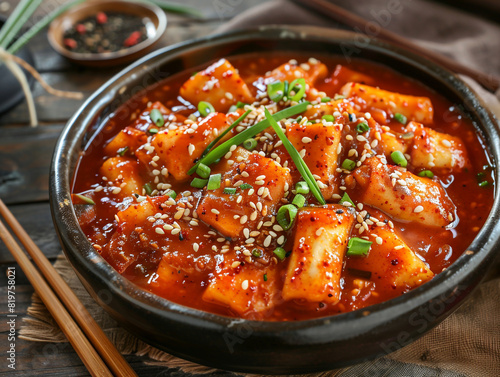 A view of a vibrant and spicy dish of tteok-bokki in a fiery red sauce, garnished with sesame seeds and sliced green onions.