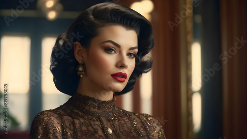 A woman with a glamorous vintage hairstyle and makeup exudes sophistication and classic beauty photo
