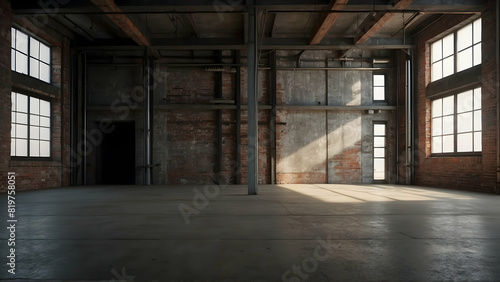 This loft-style interior showcases modern industrial aesthetics with spacious  unoccupied space and large windows allowing ample light