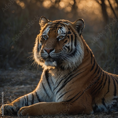A tiger grooming itself meticulously in the soft glow of twilight.  