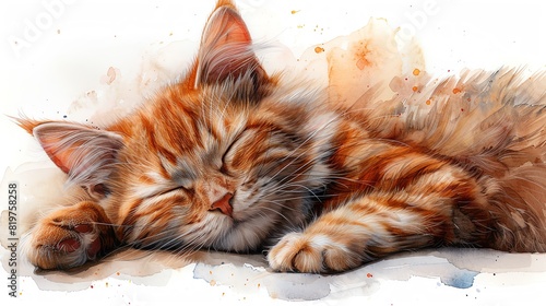 Peaceful watercolor clipart of a sleeping cat, single object, isolate on white background, with detailed fur texture and serene expression photo