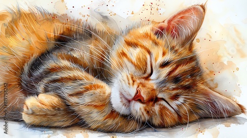 Peaceful watercolor clipart of a sleeping cat, single object, isolate on white background, with detailed fur texture and serene expression photo