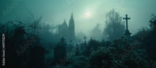 Misty graveyard with gothic architecture and overgrown vegetation.Concept  Gothic graveyard night party on a dark foggy Halloween tale
