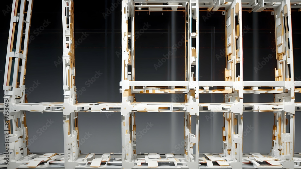A digital rendering of a complex pattern created from interconnected wooden frames against a dark background