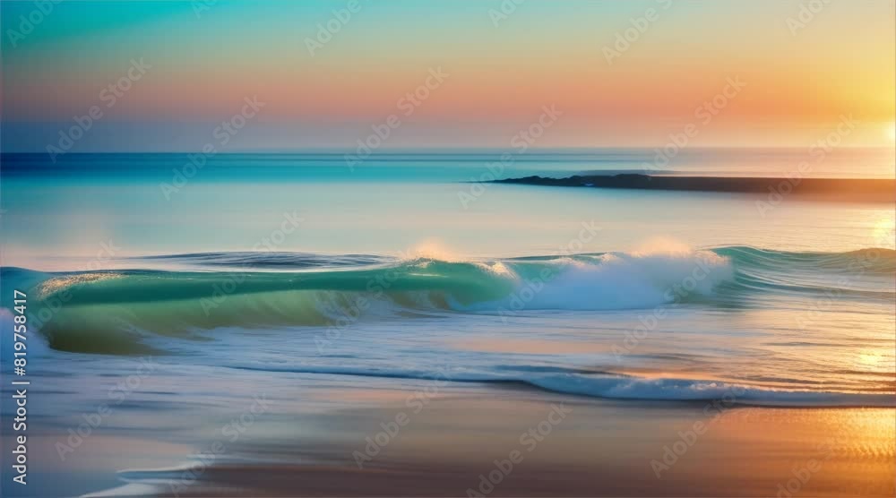 Beautiful sunset over the calm sea with sunlight reflecting on the water surface and waves crashing on the sandy beach. Beautiful sunset over the calm sea with sunlight reflecting on the water surface and waves crashing on the sandy beach.