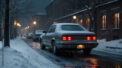 A snowy scene depicts a car parked along a city street blanketed in snow during the evening