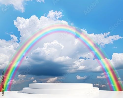 white podium with blue sky background and rainbow in the clouds photo