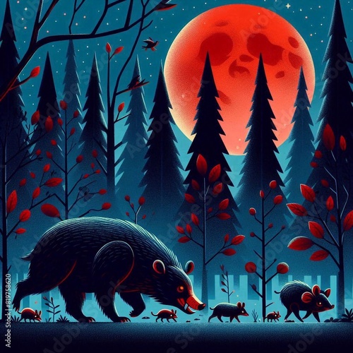 Red Moonlit Forest with Largest Animal Hunting at Night photo