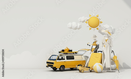Small retro car with baggage, luggage and beach equipment on the roof, fully packed, ready for summer vacation in the background along with mannequins, fashion clothes, swimwear. 3d rendering