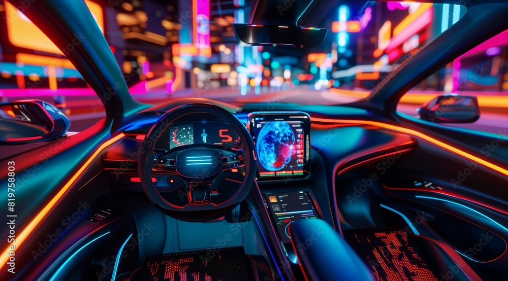 Futuristic Smart Electric Car Interior with Holographic Touchscreen and Neon Lighting Futuristic Smart Electric Car Interior with Holographic Touchscreen and Neon Lighting