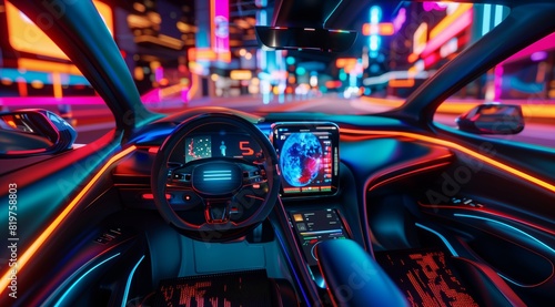 Futuristic Smart Electric Car Interior with Holographic Touchscreen and Neon Lighting