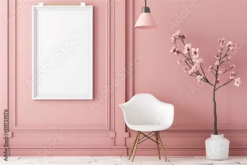Mock up poster with frame on pink wall, white chair and tropical plant  in pot photo