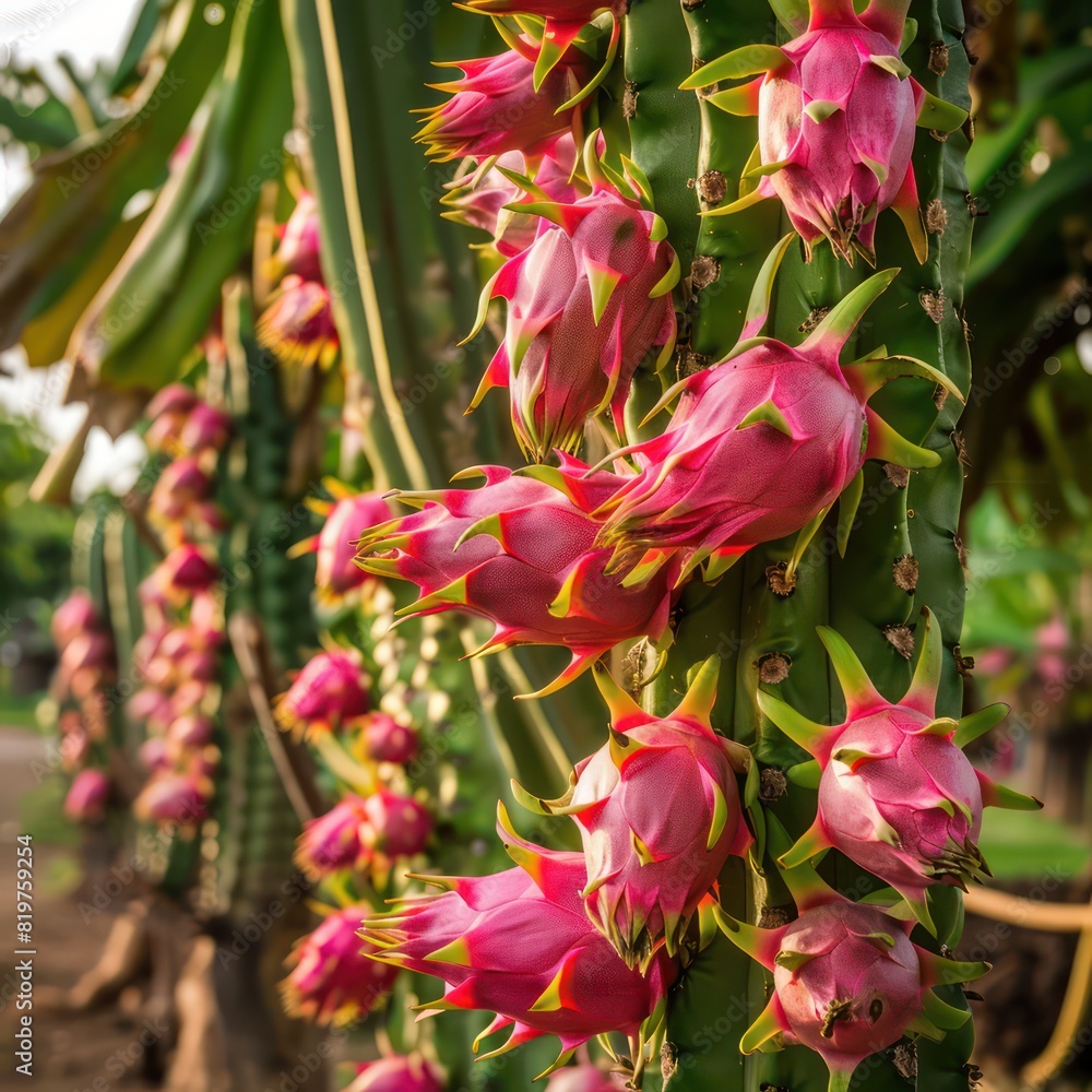 Pitahaya grow on cacti. Orchard with dragon fruit harvest. Generative AI Pitahaya grow on cacti. Orchard with dragon fruit harvest. Generative AI