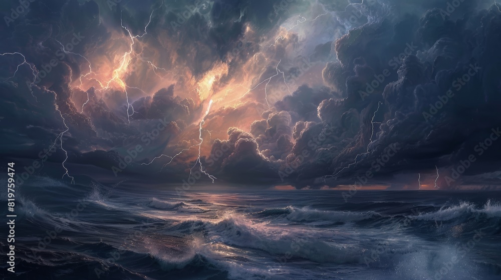 Naklejka premium lightnings on the ocean, storm, bad weather, 16:9