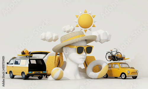 Small retro car with baggage, luggage and beach equipment on the roof, fully packed, ready for summer vacation in the background along with mannequins, fashion clothes, swimwear. 3d rendering