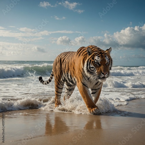 A tiger walking along a sandy beach with waves crashing in the background.   © Behram
