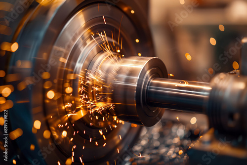 A close-up of a CNC lathe in operation with sparks flying as it cuts into a metal rod, industrial machinery at work. Shallow depth of field