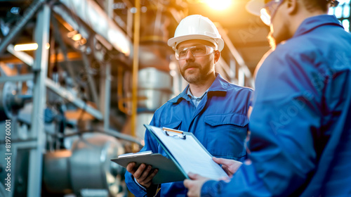 Engineers in blue overalls,  white helmet and glasses, holding a clipboard talking at the construction site, illuminated by sunlight. Shallow depth of field