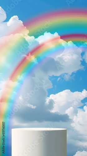 white podium with blue sky background and rainbow in the clouds photo