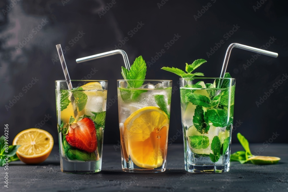 Fototapeta premium Assorted Fruit and Herb Cocktails. Generative AI.