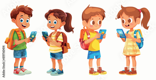 Playing game on mobile phone. Cartoon illustration illustration set of little girl and boy holding