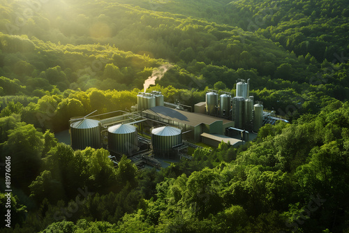 industry facility, energy production, renewables, large silos, natural gas, modern machinery, surrounded by trees and wildlife, fuel transformation, aerial view at daylight, photorealistic // ai-gener
