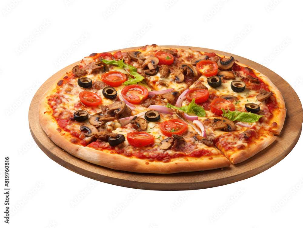 a pizza with tomatoes and olives