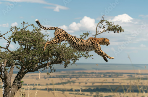 A cheetah jumps from a tree branch in the savannah