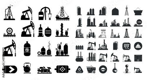 Fuel, refinery, petroleum, oil well, gas pump, offshore platform, lubricant, oil barrel, and more icons in this set.