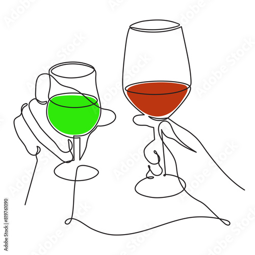Hands hold cocktail clinking glass.Cheers toast, festive hand drawn alcohol drink decoration for holidays,romantic Valentine's Day design. Isolated.Vector illustration
