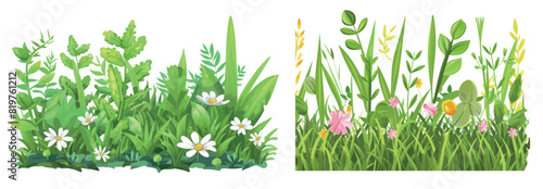 A horizontal fence made of foliage hedges and plants. Green field lawn for the garden or forest meadow in spring.