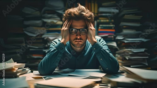 Business man whose desk is full of documents at work , Businessman stressed with stack of paperswork photo