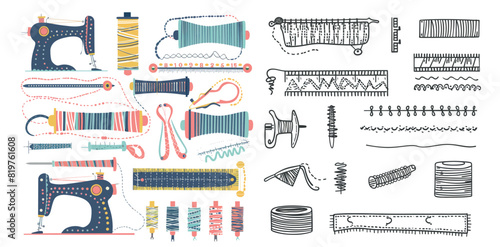 The stitching seam line, textile embroidery stitch border, binder seams, thread stripe, seamless pattern brush set is included.