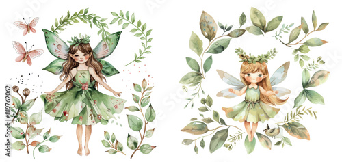 Fairy Illustration Set with Leaves A Beautiful Wreath with Fairy