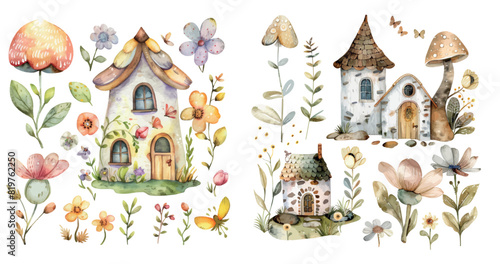 This watercolor illustration set features a fairy house and flowers