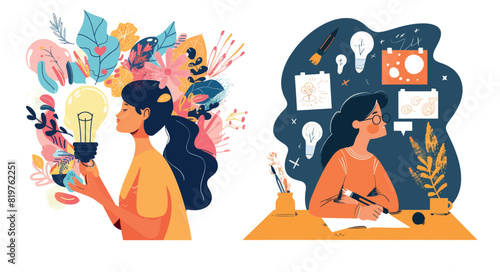 A woman generating new ideas, finding inspiration to create drawing artworks.