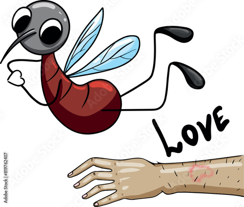 A mosquito and a hand with a bite in the form of a bite. Mosquito meme. Vector. Sticker for T-shirt, mug, mosquito spray