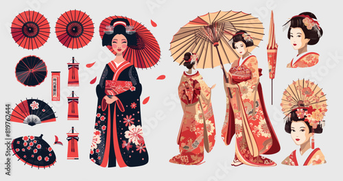 An isolated image of a geisha in a Japanese kimono. Beautiful asian costume.