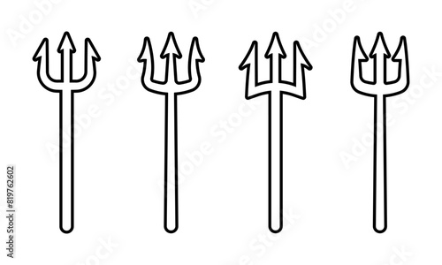 Set of linear trident devil or satan vector icons. Pitchfork Poseidon or Neptune. Symbol hell and evil.