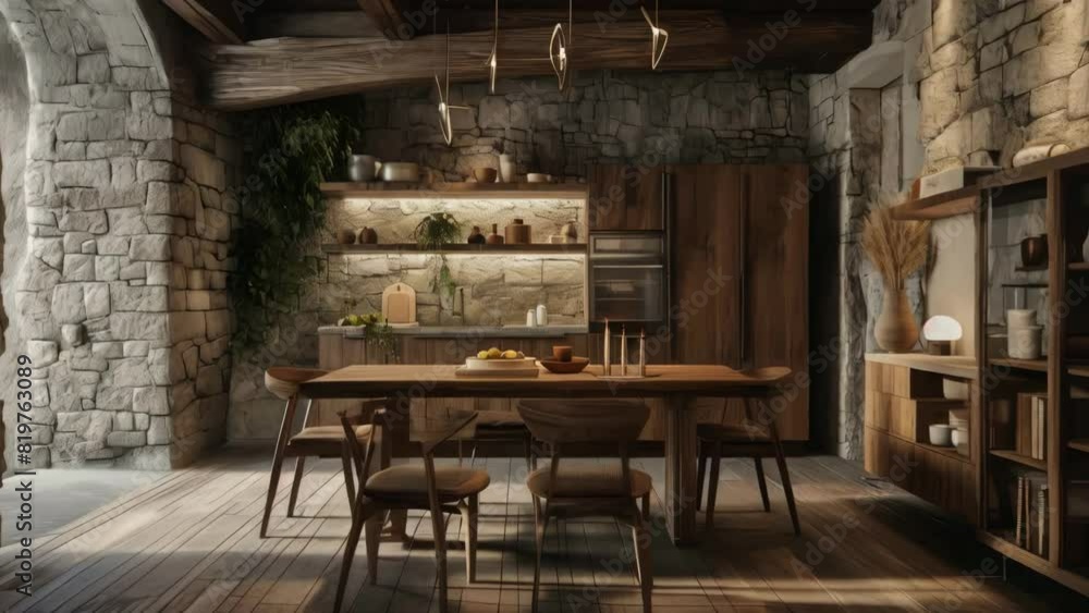 A large, wooden dining table is surrounded by chairs in a stone room. The room has a rustic, cozy feel with a mix of natural and modern elements A large, wooden dining table is surrounded by chairs in a stone room. The room has a rustic, cozy feel with a mix of natural and modern elements