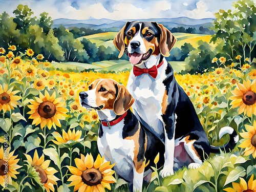 Dogs frolicking among sunflowers in watercolor photo