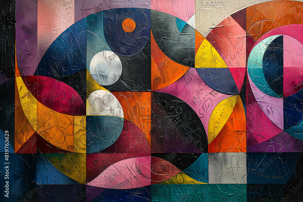 Fototapeta premium An abstract painting depicting the idea of quantum reality, with colorful shapes and patterns that overlap in an unusual way