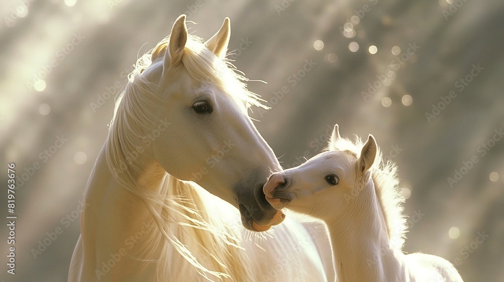 Beautiful white horse with her baby foal, sunlight shining on them. Outdoor nature background. Parenthood concept. Beautiful white horse with her baby foal, sunlight shining on them. Outdoor nature background. Parenthood concept.
