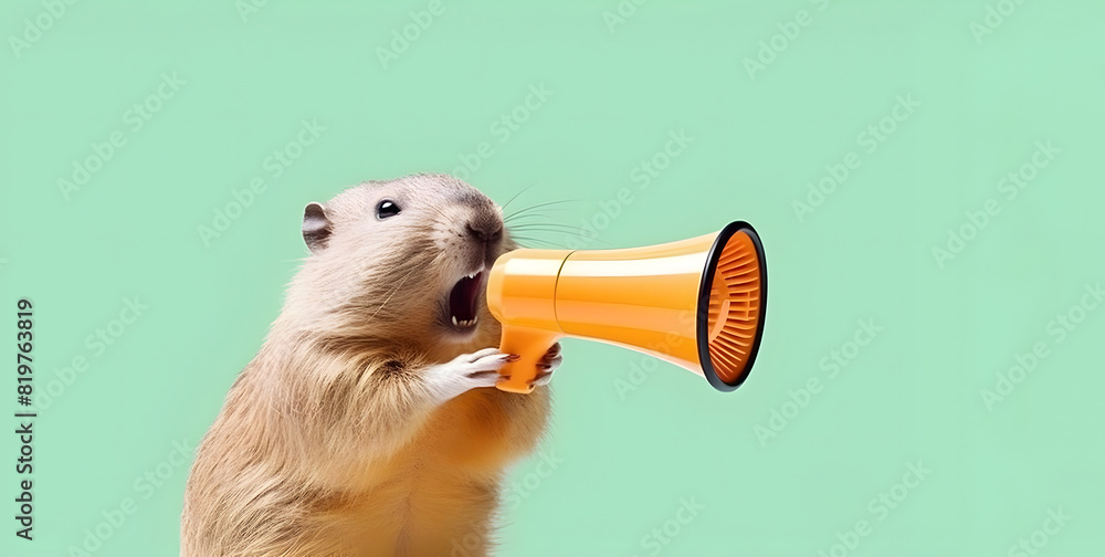 Fototapeta premium Big rodent announcing using hand speaker. Notifying, warning, announcement.