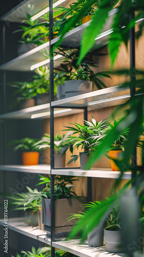 shelves neatly organized with medical cannabis pots