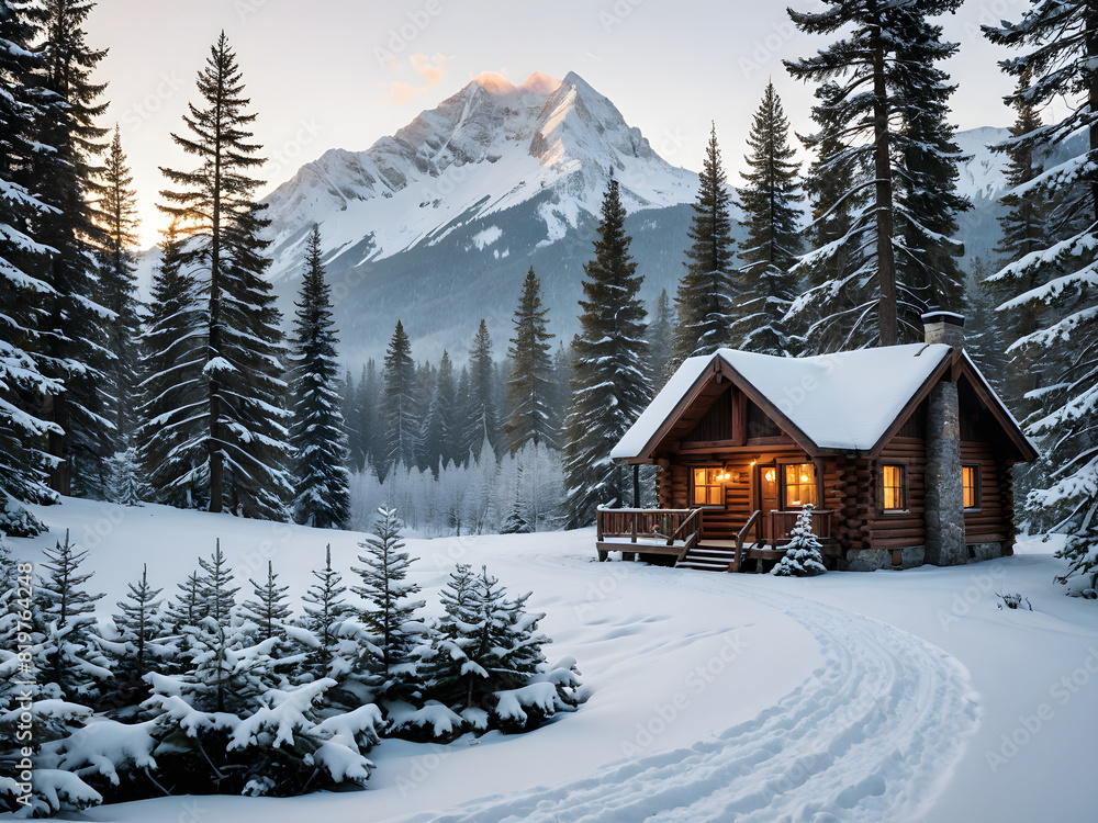 Solitude in Snow: A lone cabin stands against the winter’s embrace. TSmoke rising into the twilight sky. Stark contrast to the cold beauty of the snow-covered pines. Solitude in Snow: A lone cabin stands against the winter’s embrace. TSmoke rising into the twilight sky. Stark contrast to the cold beauty of the snow-covered pines.
