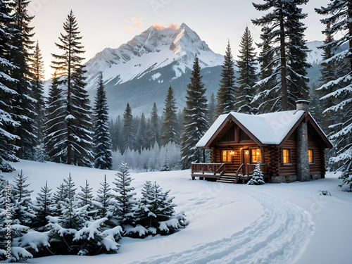 Solitude in Snow: A lone cabin stands against the winter’s embrace. TSmoke rising into the twilight sky. Stark contrast to the cold beauty of the snow-covered pines.