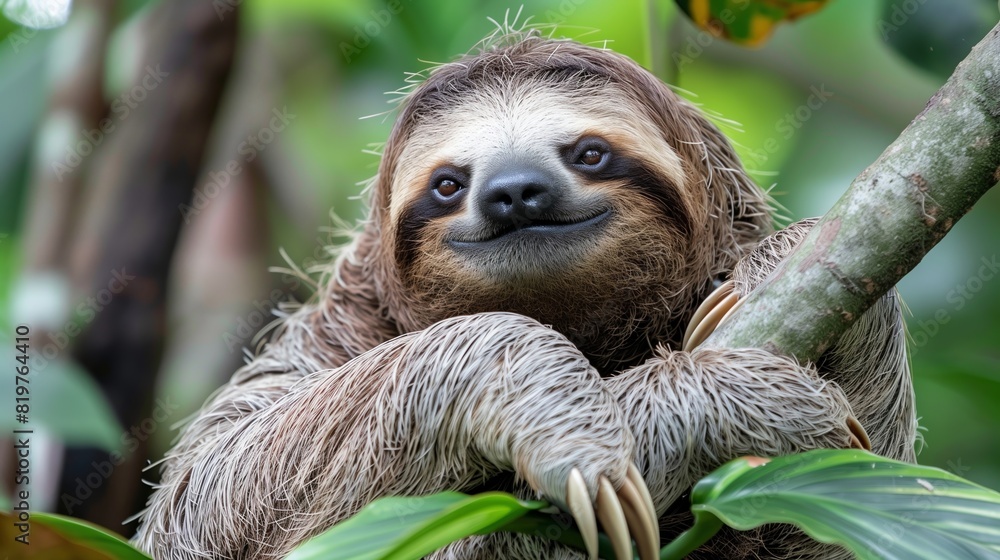 Fototapeta premium Cute sloth hanging on a tree in the jungle, smiling and looking at the camera.