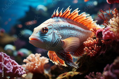 Colorful tropical fish in the aquarium. Underwater world with corals and tropical fish.