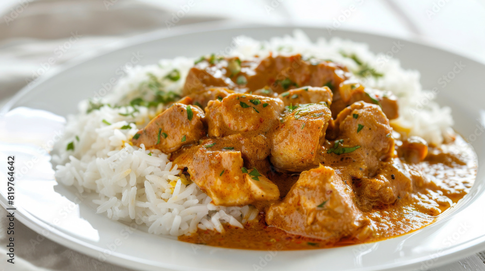 Delicious tanzanian chicken curry served with fluffy white rice and fresh herbs, showcasing the flavors of african cuisine Delicious tanzanian chicken curry served with fluffy white rice and fresh herbs, showcasing the flavors of african cuisine